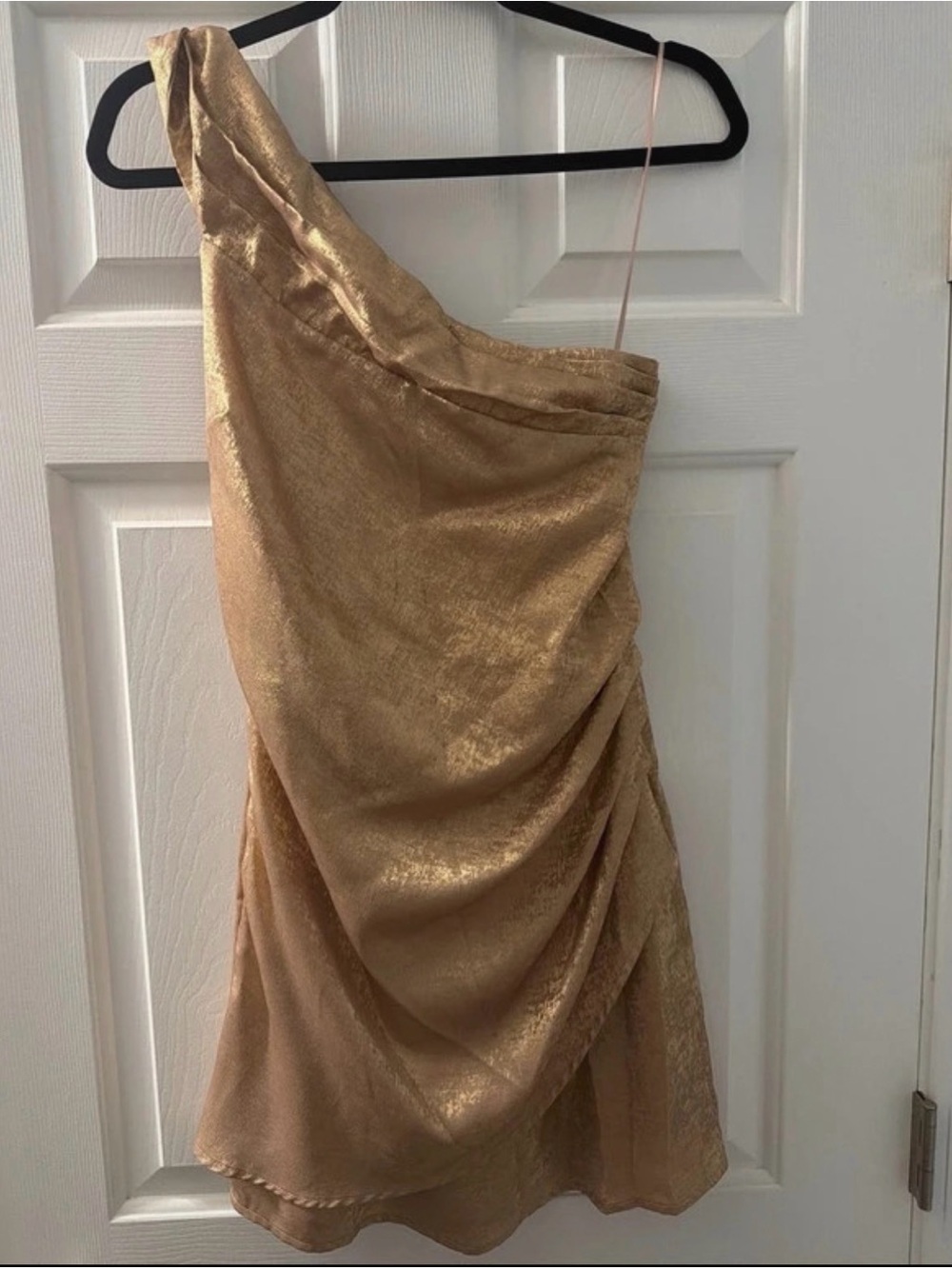 Lost + Wander One-Shoulder Metallic Gold Draped Mini Dress